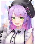  1girl :d absurdres bangs black_headwear blush breasts eyebrows_visible_through_hair fingernails green_eyes hair_ornament hat highres hololive looking_at_viewer medium_breasts multicolored_hair nail_polish open_mouth parted_bangs pink_hair purple_hair red_nails shuvi_(shuvi1125) smile solo teeth tokoyami_towa two-tone_hair upper_body upper_teeth v virtual_youtuber x_hair_ornament 