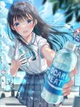  1girl :d bangs black_hair blue_bow blue_eyes blue_neckwear blue_skirt blue_sky blurry blurry_foreground blush bottle bow bowtie clouds collared_shirt highres holding holding_bottle long_hair looking_at_viewer open_mouth original outdoors outstretched_arm plaid plaid_skirt pleated_skirt sakura_(39ra) school_uniform shirt short_sleeves skirt sky smile solo standing water_bottle water_drop white_shirt 