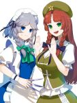  2girls anger_vein angry apron bangs black_ribbon blue_dress blue_eyes bow braid breast_envy breasts brown_hair chinese_clothes closed_mouth collar dress eyebrows_visible_through_hair green_bow green_dress green_eyes green_headwear green_neckwear grey_hair hair_bow hand_up hands_up hat highres hong_meiling ikasoba izayoi_sakuya knife long_hair looking_at_another maid maid_apron maid_headdress medium_breasts multiple_girls nervous open_mouth puffy_short_sleeves puffy_sleeves purple_bow ribbon short_hair short_sleeves simple_background small_breasts smile star_(symbol) touhou twin_braids white_apron white_background white_bow white_collar white_sleeves white_wristband wristband 