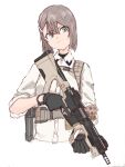  1girl absurdres ar-15 bangs brown_hair closed_mouth grey_eyes gun hair_between_eyes hair_ornament hairpin harness highres holding holding_gun holding_weapon looking_at_viewer nagi-1945 original rifle shirt short_hair simple_background sleeves_rolled_up smile solo trigger_discipline v-shaped_eyebrows weapon white_background white_shirt 