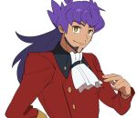  1boy bangs bright_pupils buttons closed_mouth commentary_request cravat dark-skinned_male dark_skin eyebrows_visible_through_hair facial_hair hand_up leon_(pokemon) long_hair looking_at_viewer male_focus morio_(poke_orio) pokemon pokemon_(game) pokemon_swsh purple_hair simple_background smile solo tailcoat white_background white_neckwear white_pupils yellow_eyes 