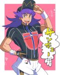  1boy :d bangs baseball_cap champion_uniform commentary_request dark-skinned_male dark_skin dynamax_band facial_hair gloves hand_on_headwear hand_on_hip hat highres leggings leon_(pokemon) long_hair male_focus morio_(poke_orio) open_mouth partially_fingerless_gloves pokemon pokemon_(game) pokemon_swsh purple_hair shield_print shirt short_shorts short_sleeves shorts single_glove smile solo sword_print tongue upper_teeth white_legwear white_shorts white_wristband yellow_eyes 