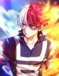  1boy bangs blue_shirt boku_no_hero_academia burn_scar clenched_teeth collarbone commentary_request fire grey_eyes hair_between_eyes heterochromia ice male_focus mery_(yangmalgage) multicolored_hair redhead scar shirt short_hair teeth todoroki_shouto torn_clothes torn_shirt two-tone_hair u.a._gym_uniform white_hair white_shirt 