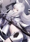  1girl animal_ear_fluff animal_ears arknights arrow_(projectile) artist_name bangs black_gloves blunt_bangs bow_(weapon) breasts coat eyebrows_visible_through_hair from_side gloves grey_background hand_up highres holding holding_arrow holding_bow_(weapon) holding_weapon horse_ears horse_girl long_hair long_sleeves looking_at_viewer looking_to_the_side mixed-language_commentary nekoya_(liu) platinum_(arknights) quiver shorts sideboob sidelocks sky solo stomach thigh-highs very_long_hair weapon white_coat white_hair white_shorts 