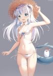  1girl absurdres ass_visible_through_thighs bikini bloop_(gawr_gura) blue_eyes blue_hair blush breasts chintora0201 fish_tail gawr_gura grey_background hat highres hololive hololive_english long_hair looking_at_viewer multicolored_hair navel open_mouth shark_tail sharp_teeth side-tie_bikini simple_background small_breasts straw_hat swimsuit tail teeth thighs two-tone_hair virtual_youtuber white_bikini white_hair 