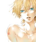  aqua_eyes blonde_hair hakuseki highres kagamine_len male nude open_mouth solo tattoo teeth vocaloid 