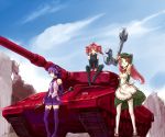  ahoge apron bazooka beret caterpillar_tracks detached_sleeves drill_hair green_eyes hair_ornament hairclip hat headphones kasane_teto long_hair metabo metal_max military military_vehicle momone_momo multiple_girls necktie pink_hair purple_hair red_eyes red_hair redhead rocket_launcher rpg rpg-7 ruins short_hair sitting skirt sky smile tank thigh-highs thighhighs twintails utane_uta utau vehicle weapon wrench zettai_ryouiki 