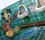  1boy baseball_cap bathroom black_hair commentary goggles gold_(pokemon) hat hose kaeru_touritsu male open_mouth pokemon pokemon_special restroom science translated urinal urinary water what 