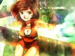  brown_hair cleavage colorful gloves meiko red short_hair skirt smile solo vocaloid 