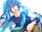  blue blue_eyes blue_hair happy headphones kaito male nail_polish scarf solo teito vocaloid 