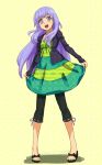  casual dress jacket long_hair open_mouth original purple_hair sandals shiba_murashouji skirt_hold sleeves_past_wrists smile solo standing white_eyes 