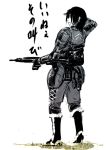  boots gun jane_turner kaeru13 military_uniform monochrome senjou_no_valkyria senjou_no_valkyria_1 short_hair uniform 
