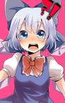  blue_eyes blue_hair blush bow bowtie cirno close-up hair_bow highres large_bow open_mouth pun2 ribbon short_hair simple_background surprised sweatdrop touhou wings 