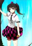  brown_eyes brown_hair cellphone checkered checkered_skirt double_spoiler hat himekaidou_hatate jing_hu kiyoshi_mizuumi_+ phone pointy_ears skirt solo tokin_hat touhou twintails 