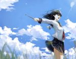  bad_id black_eyes black_hair cloud clouds drumsticks original outstretched_arms school_uniform skirt solo spread_arms wind 
