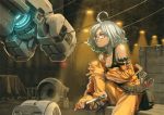  aro_(charged_time_out) bad_id breasts cleavage glasses jumpsuit mecha mechanic original short_hair silver_hair solo strap_slip tools yellow_eyes 