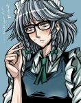  blue_eyes blush braid glasses hairband itagayui izayoi_sakuya maid ribbon short_hair silver_hair touhou translated twin_braids warainaku 