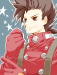  brown_eyes brown_hair gloves lloyd_irving male short_hair simple_background solo tales_of_symphonia 