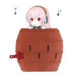  barrel chibi face headphones matayoshi megurine_luka musical_note pink_hair pop-up_pirate red_eyes smile solo sword vocaloid weapon 
