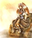  bad_id book boots dress highres horns rock sitting tokiko_(touhou) touhou wings 