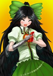  arugeri bad_id black_hair blush bow closed_eyes gift hair_bow happy heart holding holding_gift large_bow long_hair open_mouth radiation_symbol reiuji_utsuho smile touhou 