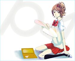  brown_hair dvd dvd_(object) genderswap hanamura_yousuke hoe_(dbp) kneehighs persona persona_4 short_hair skirt tears 