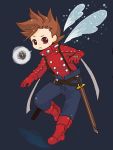  boots brown_eyes brown_hair buttons gloves lloyd_irving male short_hair simple_background solo sword tales_of_symphonia wings 