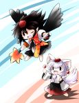  armband black_hair black_wings camera chibi detached_sleeves fan fang hat highres inubashiri_momiji pointy_ears shameimaru_aya silver_hair tail tokin_hat touhou waving wings wink wolf_ears wolf_tail yume_shokunin 