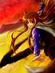  highres holo karlwolf long_hair mountain red_eyes red_hair redhead solo spice_and_wolf sunset tail wolf_ears wolf_tail 