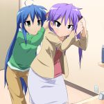  ahoge blue_hair casual face green_eyes hair_brush hair_brushing helping hiiragi_kagami izumi_konata jacket kawaisou long_hair lucky_star purple_eyes purple_hair skirt very_long_hair violet_eyes 