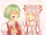  ascot closed_eyes ebi_guratan fujiwara_no_mokou green_hair grin hair_ribbon kazami_yuuka laughing long_hair multiple_girls open_mouth plaid_vest ribbon short_hair smile suspenders touhou white_hair 