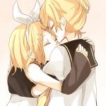  1girl blonde_hair bow brother_and_sister couple duplicate hair_ornament hairpin hug kagamine_len kagamine_rin male siblings tama_(songe) twins vocaloid yellow 