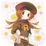 bad_id blush brown_hair flower hat kotone_(pokemon) pokemon pokemon_(game) pokemon_gsc team_rocket team_rocket_(cosplay) 