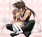  arcana_heart blue_eyes brown_hair couple crossover dress fiona_mayfield guilty_gear hug m.u.g.e.n mugen_(game) order_sol ribbon short_twintails sitting sitting_on_lap sitting_on_person sol_badguy thighhighs translation_request twintails 