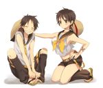  brown_hair closed_eyes cosplay dual_persona genderswap hat kagamine_len kagamine_len_(cosplay) kagamine_rin kagamine_rin_(cosplay) kneeling luffyko monkey_d_luffy one_piece ribbon scar short_hair shorts siblings simple_background smile straw_hat twins vocaloid yunion_(sibujya) 