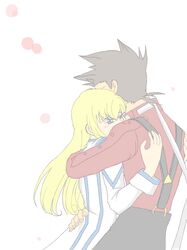  blonde_hair blue_eyes blush brown_hair colette_brunel couple hug lloyd_irving tales_of_symphonia 