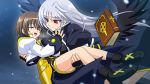  book brown_hair carrying closed_eyes fingerless_gloves gloves long_hair mahou_shoujo_lyrical_nanoha mahou_shoujo_lyrical_nanoha_a&#039;s mahou_shoujo_lyrical_nanoha_a&#039;s_portable:_the_battle_of_aces mahou_shoujo_lyrical_nanoha_a's mahou_shoujo_lyrical_nanoha_a's_portable:_the_battle_of_aces official_art open_mouth red_eyes reinforce short_hair silver_hair smile tome_of_the_night_sky wings yagami_hayate 