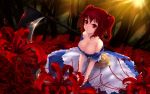  bare_shoulders breasts cait cleavage flower hair_bobbles hair_ornament highres large_breasts off_shoulder onozuka_komachi red_eyes red_hair redhead scythe short_hair solo spider_lily touhou twintails wallpaper widescreen 