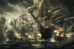  battleship cannon cloud clouds empire:_total_war epic flag highres navy ocean official_art rado_javor ship war water water_battle 