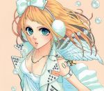  beauty blonde_hair blue_eyes earmuffs kagamine_rin pearls simple_background solo vocaloid wings yunomi 