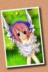  black_eyes grass head_scarf highres ichigo_(pixiv672840) looking_back mystia_lorelei naked_apron nude okamisty outdoors photo_(object) pink_hair short_hair sitting solo touhou wings 