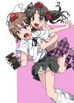  camera checkered checkered_skirt cosplay double_spoiler groping hat himekaidou_hatate himekaidou_hatate_(cosplay) meno~n misaka_mikoto multiple_girls parody ribbon shameimaru_aya shameimaru_aya_(cosplay) shirai_kuroko skirt to_aru_kagaku_no_railgun to_aru_majutsu_no_index tokin_hat touhou twintails 