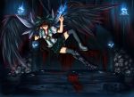  black_hair bow breasts ckh_(artist) cleavage eyes glowing hair_bow hair_ribbon highres long_hair red_eyes reiuji_utsuho ribbon shou_mai sitting skull smirk thigh-highs thighhighs throne touhou wings zettai_ryouiki 