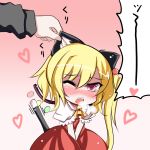  blonde_hair blush breath cat_ears cat_tail chibi ear_pull flandre_scarlet hat kemonomimi_mode kiyomin no_hat no_headwear ponytail red_eyes short_hair side_ponytail tail touhou v_arms wince wink 