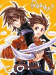  brown_eyes brown_hair father_and_son fingerless_gloves gloves kratos_aurion lloyd_irving male short_hair solo sword tales_of_symphonia 