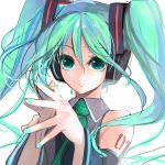  aqua_eyes aqua_hair bare_shoulders blue_hair bust detached_sleeves foreshortening hands hatsune_miku multicolored_hair nail_polish necktie pupps smile solo steepled_fingers twintails vocaloid 