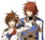  blush brown_hair father_and_son kratos_aurion lloyd_irving male redhead short_hair simple_background sio_vanilla smile tales_of_symphonia 