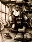  bad_id book braid chai chin_rest cup gloves hat kirisame_marisa monochrome portrait sepia stare touhou window witch_hat yukkuri_shiteitte_ne 