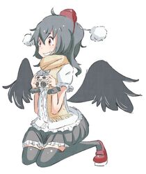  black_wings camera geta grin hat red_eyes s_star scarf shameimaru_aya short_hair skirt smile thigh-highs thighhighs tokin_hat touhou wings 