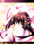  brown_hair flower green_eyes hair_ornament hair_ribbon japanese_clothes kimono petals ribbon tenmu_shinryuusai 